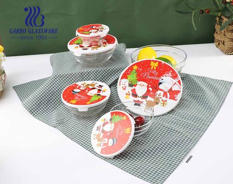 China design 5 piezas de tazón de comida de vidrio promocional de Navidad con tapa roja e ingrediente del festival de Navidad