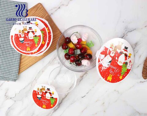 China design 5 pcs Christmas promotional glass food bowl set with red lid and Christmas festival ingredient