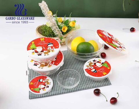 China design 5 piezas de tazón de comida de vidrio promocional de Navidad con tapa roja e ingrediente del festival de Navidad