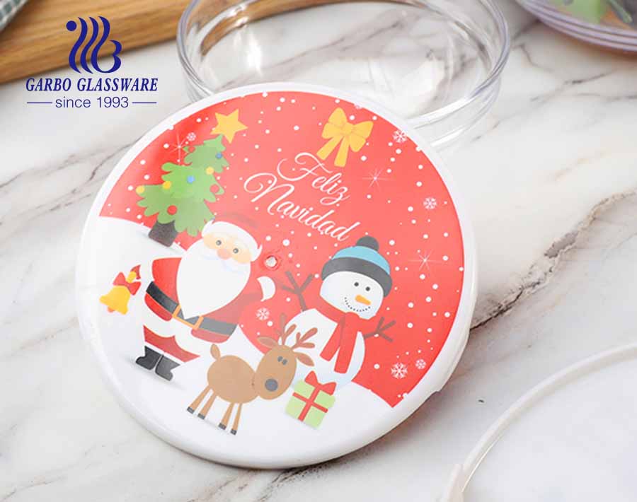 China design 5 piezas de tazón de comida de vidrio promocional de Navidad con tapa roja e ingrediente del festival de Navidad