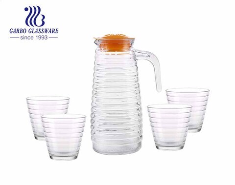 5pcs high-quality glass water drinking jug set with engraved swirl marks and yellow lid for daily home use