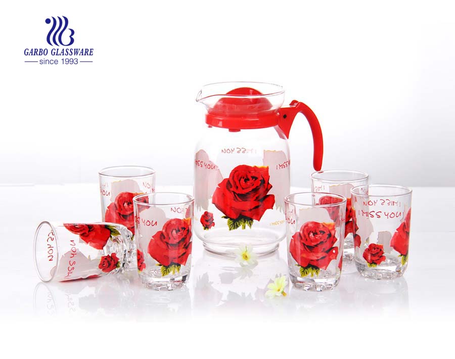 5pcs high-quality glass water drinking jug set with engraved swirl marks and yellow lid for daily home use