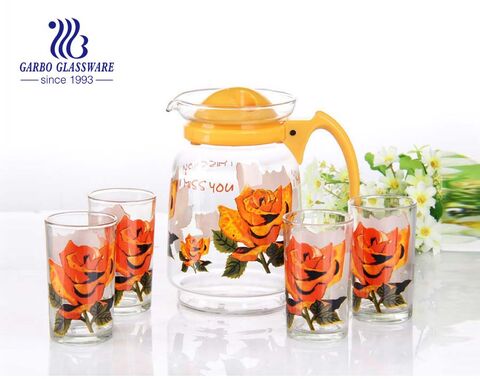 5pcs high-quality glass water drinking jug set with engraved swirl marks and yellow lid for daily home use