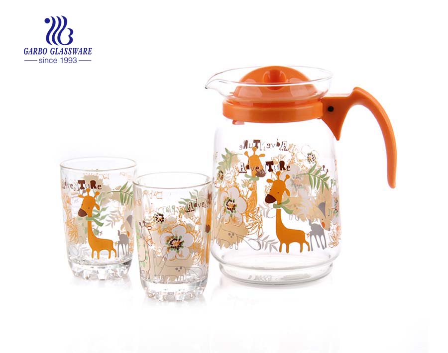 5pcs high-quality glass water drinking jug set with engraved swirl marks and yellow lid for daily home use