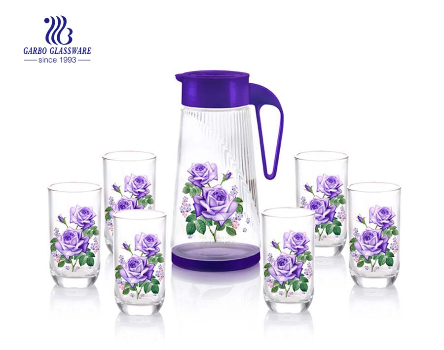 5pcs high-quality glass water drinking jug set with engraved swirl marks and yellow lid for daily home use