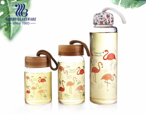 9oz Flamigo Design Borosilicate  glass bottle lead free water storage bottle with bamboo lid or cloth lid 