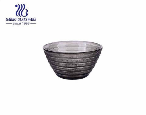 Handblown black solid color glass dessert cake cup bowl with vintage engraved strip design outside smooth surface inside from China factory