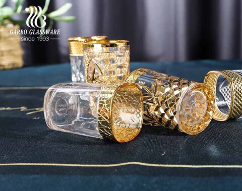 Electroplated unfading color golden engraved glass cup for Middle East markets