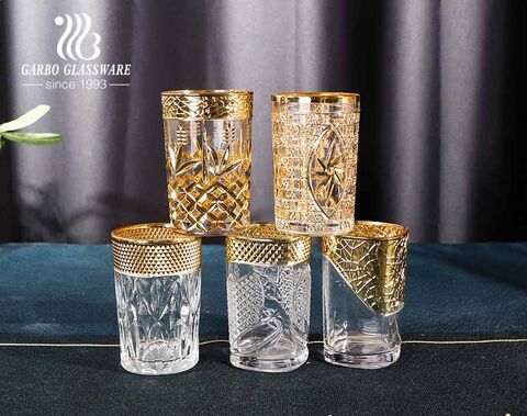 Electroplated unfading color golden engraved glass cup for Middle East markets