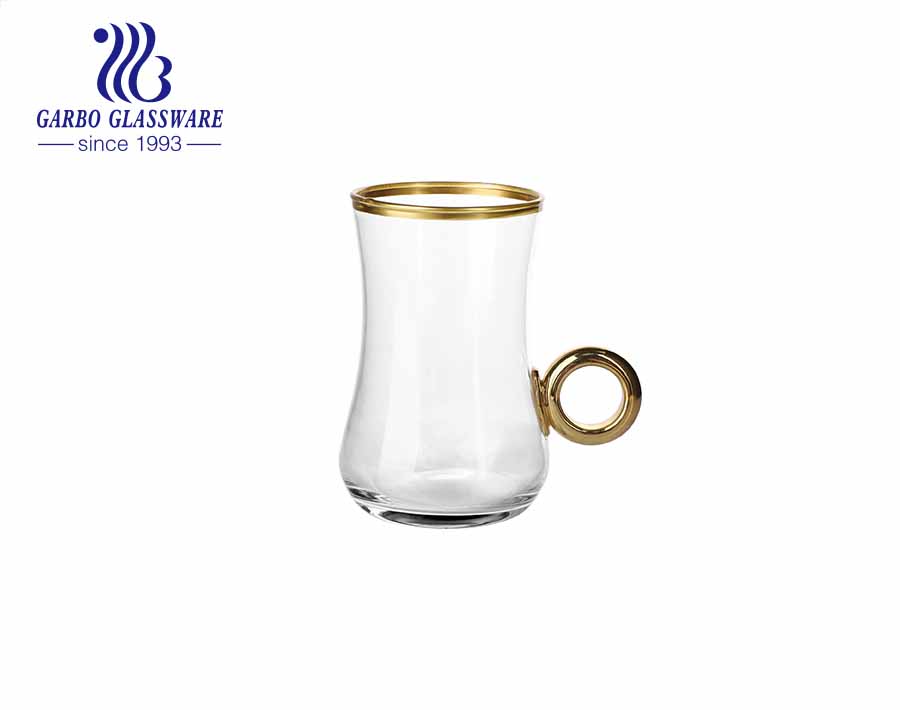 7 Unzen Gold umrandete Glas Teebecher mit Aufkleber Schalen Untertassen Glas Teetasse Set