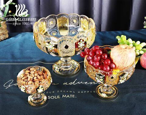 gold plating design high-white fruit glass bowl set with sunflower edged carved pattern