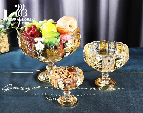 gold plating design high-white fruit glass bowl set with sunflower edged carved pattern