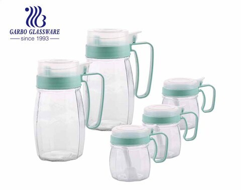 5 PCS machine-made pumpkin glass water drinking pot with baby green handle and acrylic lid for family use