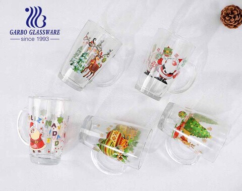 11.5oz Christmas design glass tea cups with handle OEM custom logo design glass mugs 