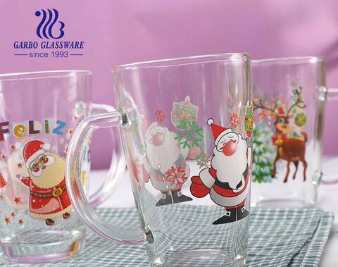 11.5oz Christmas design glass tea cups with handle OEM custom logo design glass mugs 