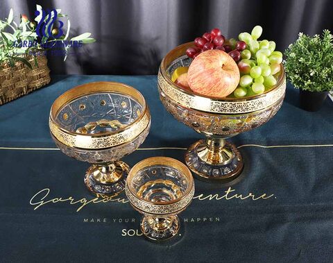 Garbo high-white glass fruit bowl set with gold plating design with sunflower carved pattern