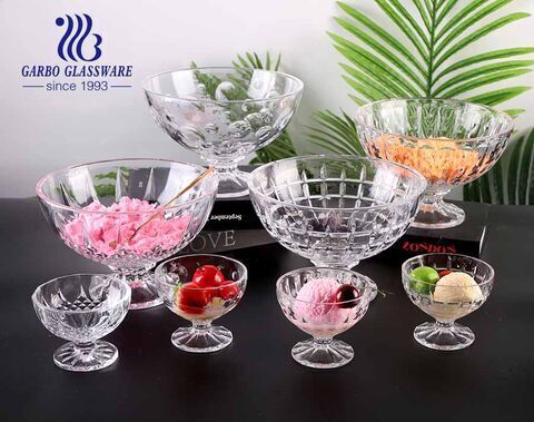 Garbo new model design engraved pattern clear glass ice cream fruit bowl set with stands and 4 designs