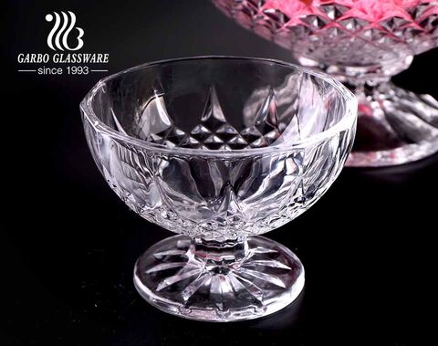 Garbo new model design engraved pattern clear glass ice cream fruit bowl set with stands and 4 designs