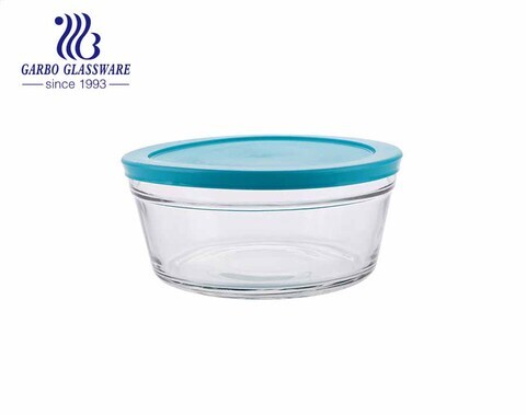 Recipiente de vidro hermético artesanal para misturar pratos de salada de vidro com tampa azul claro para geladeira