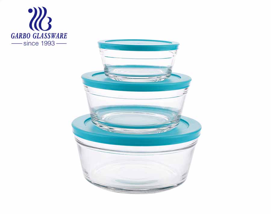 Recipiente de vidro hermético artesanal para misturar pratos de salada de vidro com tampa azul claro para geladeira