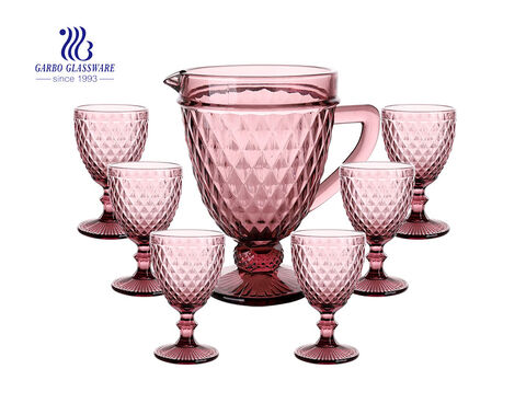 7PCS lilac vintage glass water drinking jug set with engraved diamond design for home hotel use with wholesale price