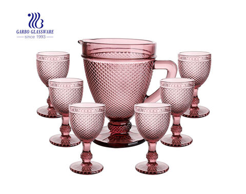 Bộ bình uống nước thủy tinh cổ điển 7PCS lilac với thiết kế kim cương khắc dùng cho khách sạn gia đình với giá bán buôn