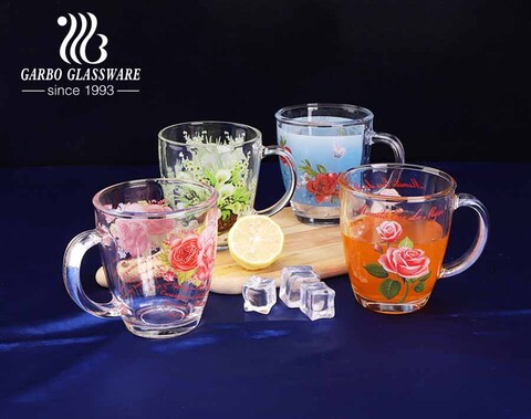 13oz personalisierte Glasbecher benutzerdefinierte Volldruck Muttertag Blume Designs Glas Teetasse mit Griff