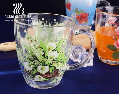 13oz personalisierte Glasbecher benutzerdefinierte Volldruck Muttertag Blume Designs Glas Teetasse mit Griff