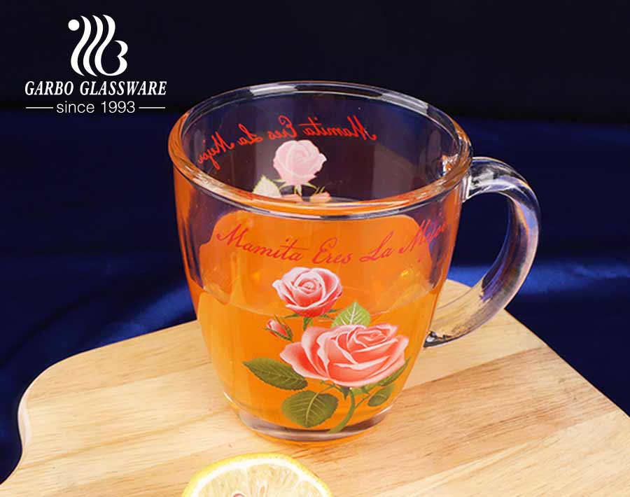 13oz personalisierte Glasbecher benutzerdefinierte Volldruck Muttertag Blume Designs Glas Teetasse mit Griff