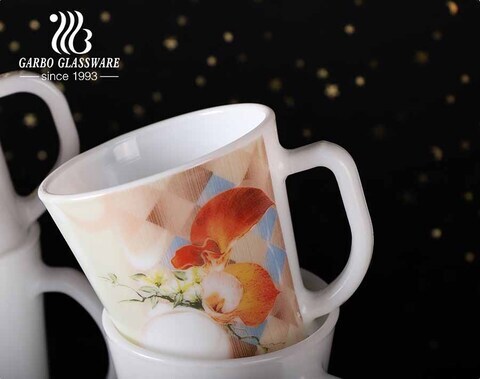 14 OZ Opal Glass Coffee Mugs with decal flower designs