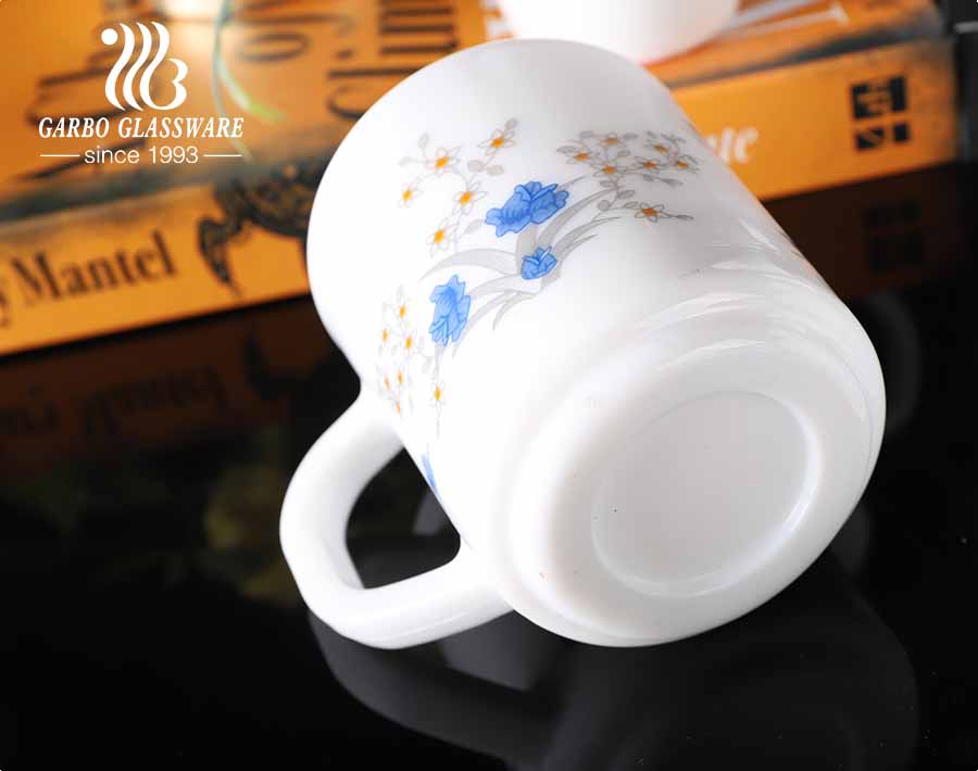 14 OZ Opal Glass Coffee Mugs with decal flower designs