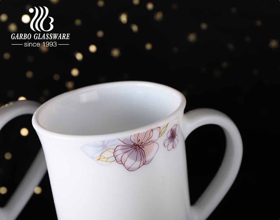 14 OZ Opal Glass Coffee Mugs with decal flower designs