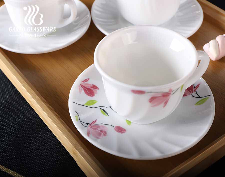 14 OZ Opal Glas Kaffeetassen mit Aufkleber Blumenmotive