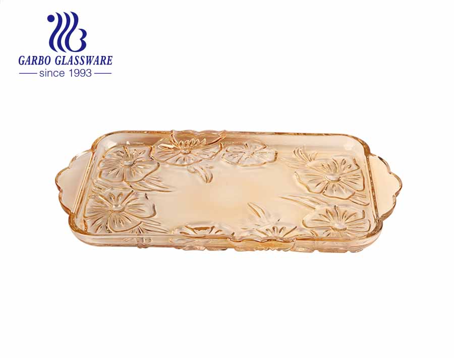15inches rectangular glass fruit plate glass tray with neat plum blossom engraved pattern for tabletop