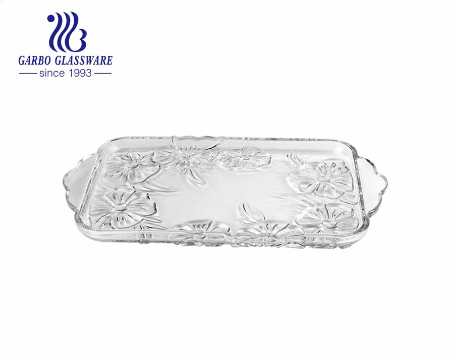 15inches rectangular glass fruit plate glass tray with neat plum blossom engraved pattern for tabletop