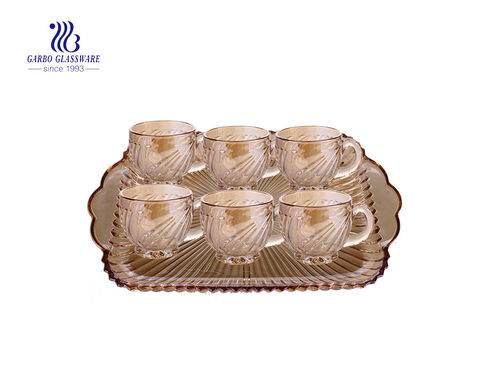 كوب قهوة زجاجي مطلي بطلاء مؤين من الزجاج الملكي 7 قطع بنمط محفور ومجموعة صينية