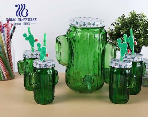 Green colored cactus 450ml mason jar drink cup with 5liter glass beverage dispenser with spigot