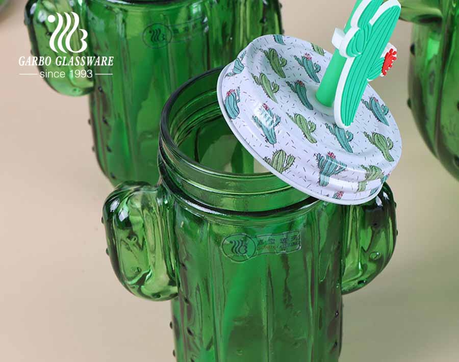 Taza de bebida de tarro de masón de 450 ml de cactus de color verde con dispensador de bebidas de vidrio de 5 litros con espita