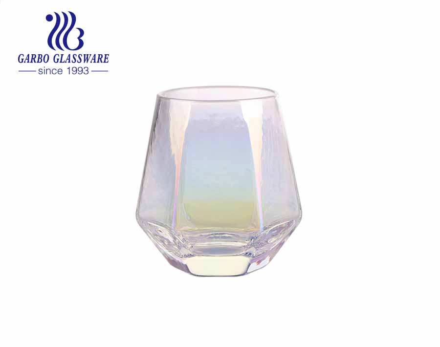 Handmade blown hexagon shape glass tumbler with custom colours printing and gold rim