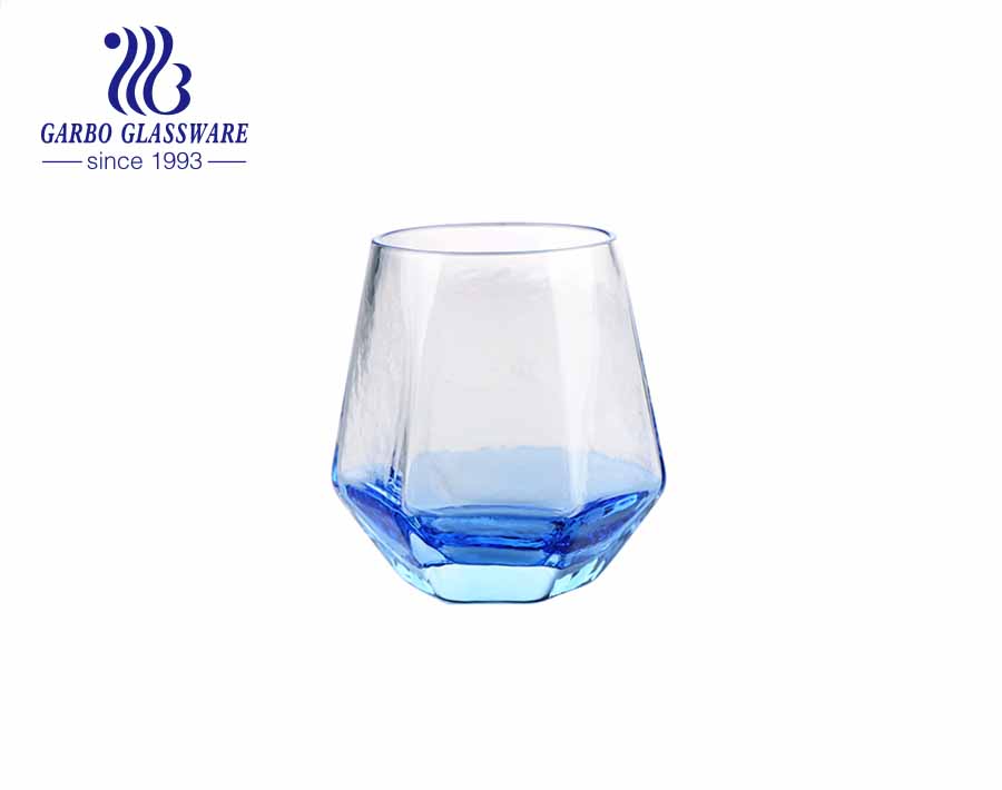 Handmade blown hexagon shape glass tumbler with custom colours printing and gold rim