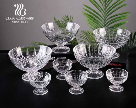 New design pattern clear engraved glass ice cream salad bowl set with 2 sizes of 4.5inch and 9inch