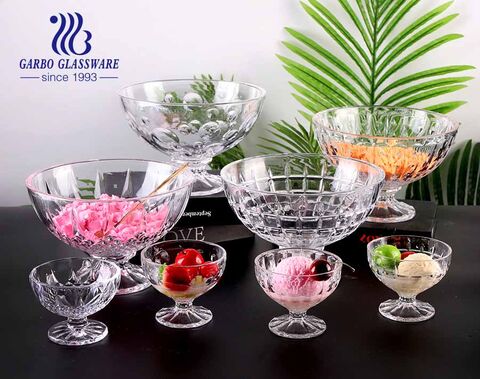 New design pattern clear engraved glass ice cream salad bowl set with 2 sizes of 4.5inch and 9inch