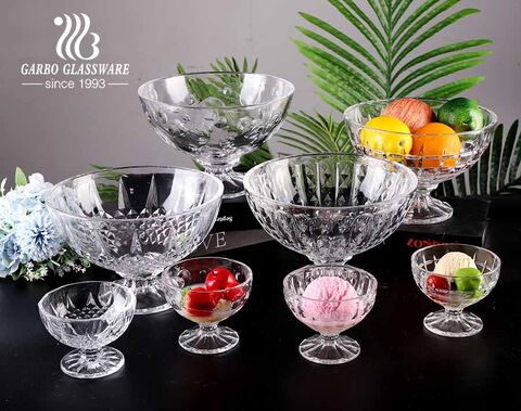 New design pattern clear engraved glass ice cream salad bowl set with 2 sizes of 4.5inch and 9inch