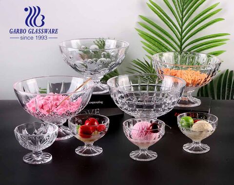 New design pattern clear engraved glass ice cream salad bowl set with 2 sizes of 4.5inch and 9inch