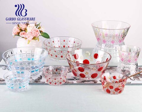 New pattern clear embossed glass salad bowl set with customizing sprayed color design