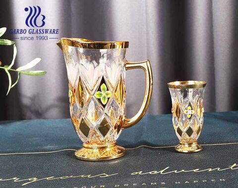 7 PCS design classique doré pichet à eau en verre de placage électronique avec autocollant de fleur pour la fête de l'hôtel