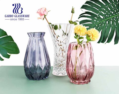 Grand vase en verre sodo-lime transparent en relief de grand diamant porte-fleur décoratif Homeuse