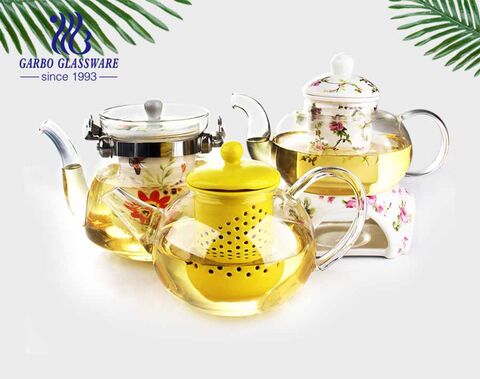 Glass Coffee Tea Kettle Decal Flower Teapots Ceramic Infuser Drinking Tea Pot With Ceramic Holder 