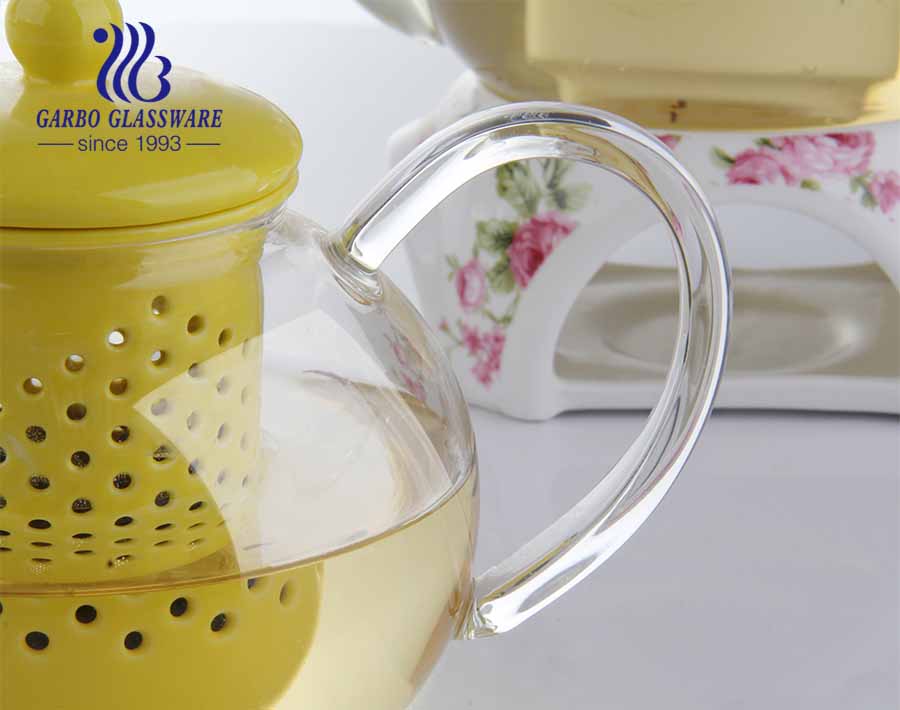 Glass Coffee Tea Kettle Decal Flower Teapots Ceramic Infuser Drinking Tea Pot With Ceramic Holder 