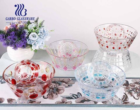 New pattern engraved design spraying color glass salad bowl set with customized color box packing